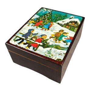 Vintage Reuge Wood Music Box Winter Christmas Scene Western Germany Doesn't Play